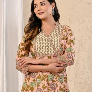 Peach Cream Cotton Jaal Printed Long Dress