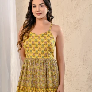 Yellow Printed Strap Shoulder Long Cotton Dress