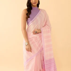 Light Pink Bengal Pure Mulmul Cotton Screen Printed Saree with Unstitched Blouse Piece