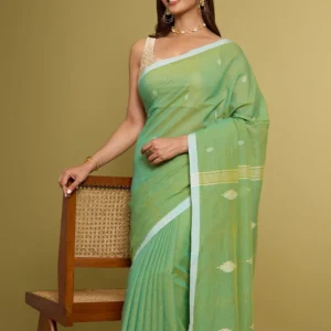 Green Pure Cotton Jamdani Saree with Unstitched Blouse Piece