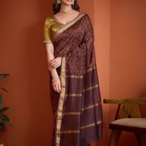 Brown Pure Silk Cotton Ujjain Batik Saree with Unstitched Blouse Piece
