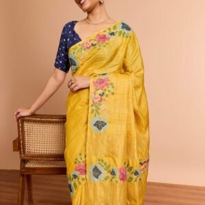 Yellow Pure Tussar Silk Embroidered Saree with Unstitched Blouse Piece