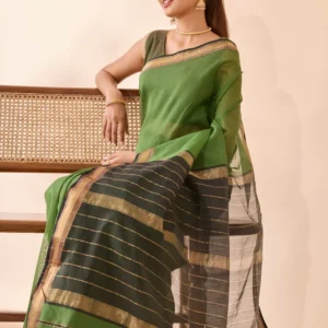 Green Woven Pure Silk Cotton Maheshwari Saree with Unstitched Blouse Piece