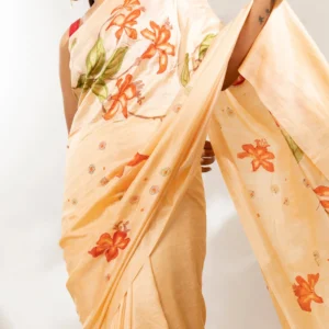 Light Yellow Pure Silk Hand Painteded Saree with Unstitched Blouse Piece