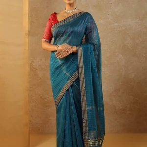 Blue Woven Pure Silk Cotton Chanderi Saree with Unstitched Blouse Piece