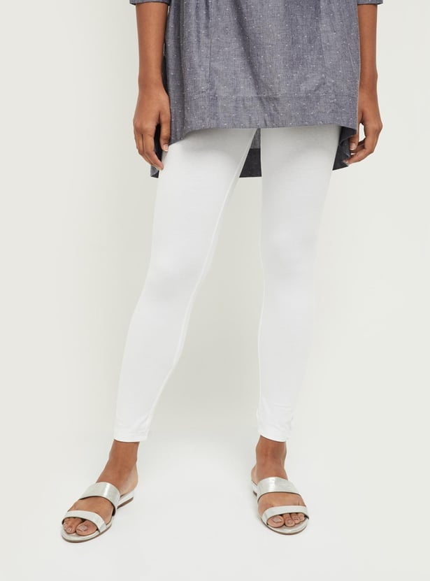 Women Solid Ankle-Length Leggings-White - Image 2