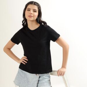 Women's Jet Black Cotton Round Neck T-Shirt