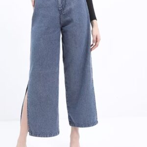 Women solid high rise wide leg jean